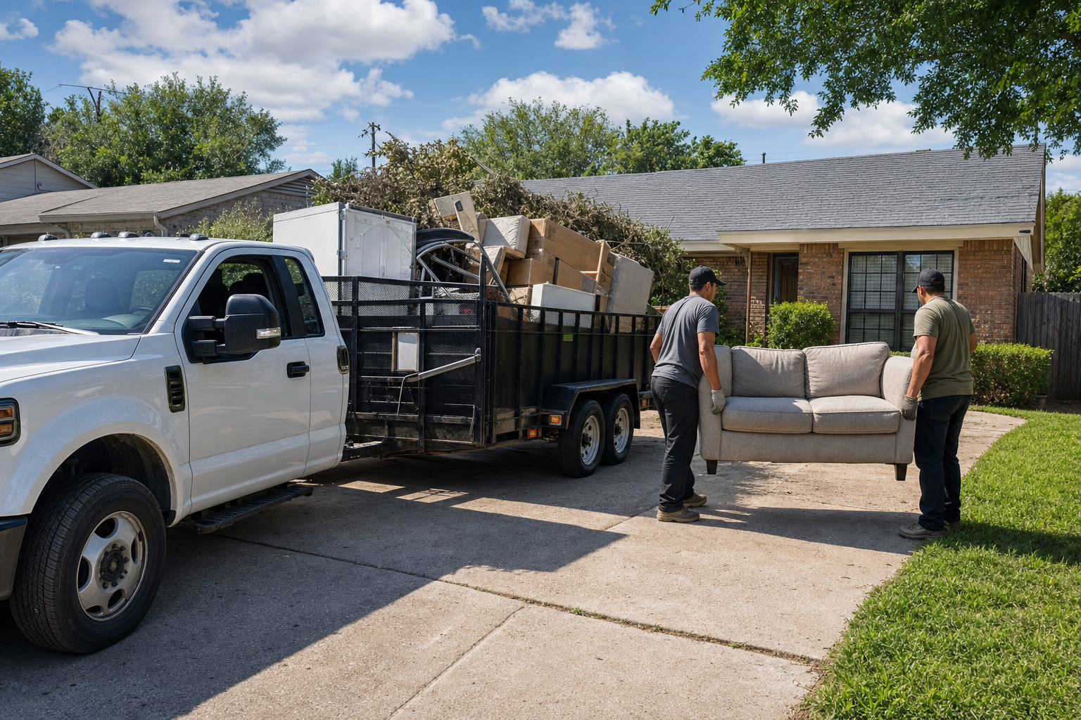 Junk removal crew loading furniture and debris into a trailer in a Dallas driveway